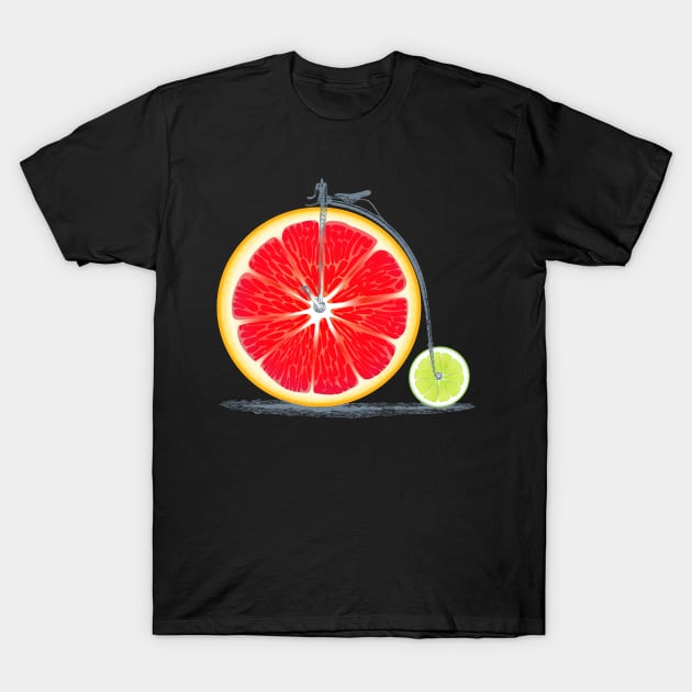 Vintage Retro Cute Red Orange Lime Bike with Old Frame Look and Citrus Wheels T-Shirt by Olloway